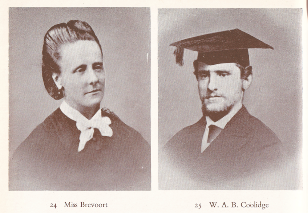Portraits of a Victorian lady and young man in university gown and mortar board, captioned 24. Miss Brevoort and 25. WAB Coolidge