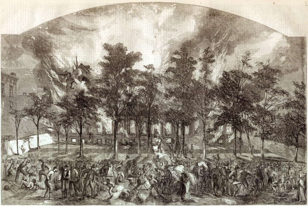 Engraving from Harper's Magazine showing The rioters burning and sacking the Colored Orphan Asylum, 1864